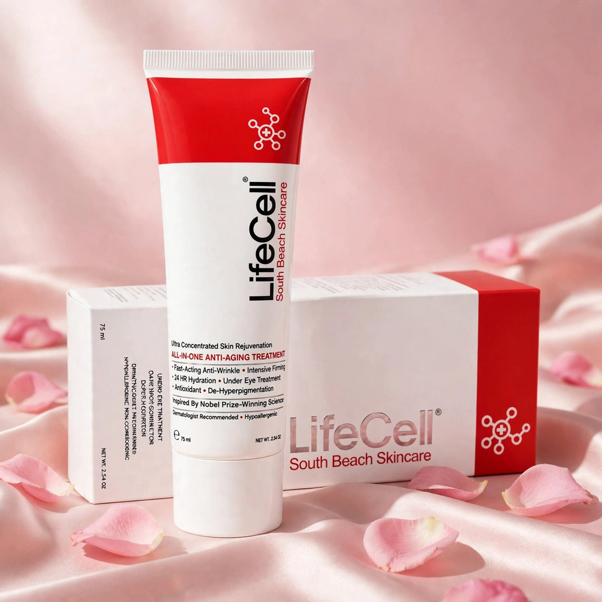 LifeCell All-In-One Anti-Aging Treatment 75ml — product on blush-pink satin with rose petals