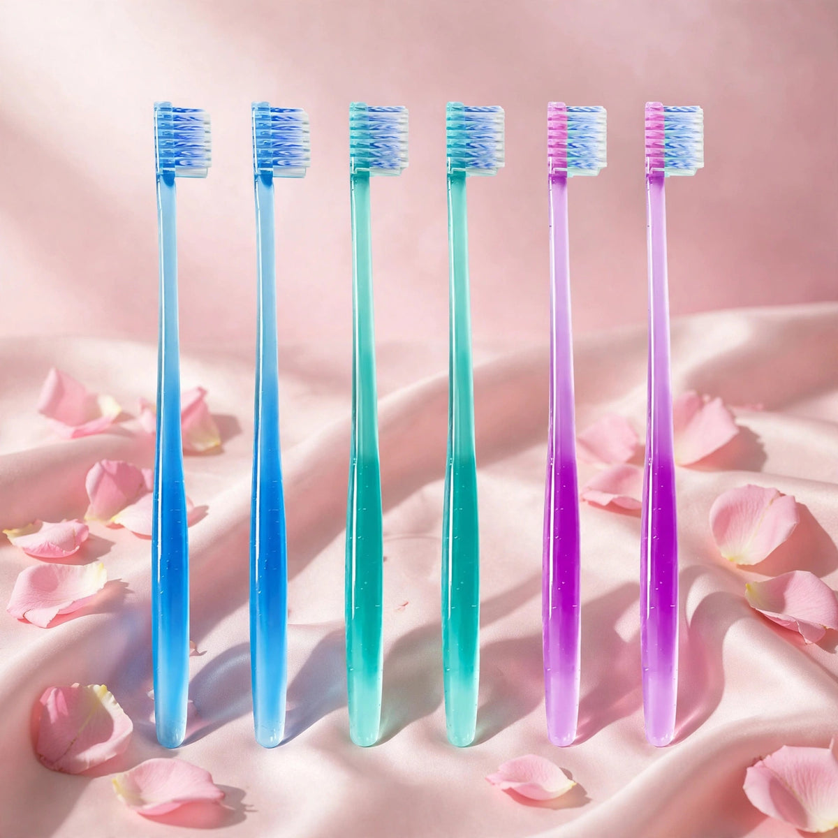 POH POH Adult Toothbrush 6-Pack on blush-pink satin with rose petals — view 4