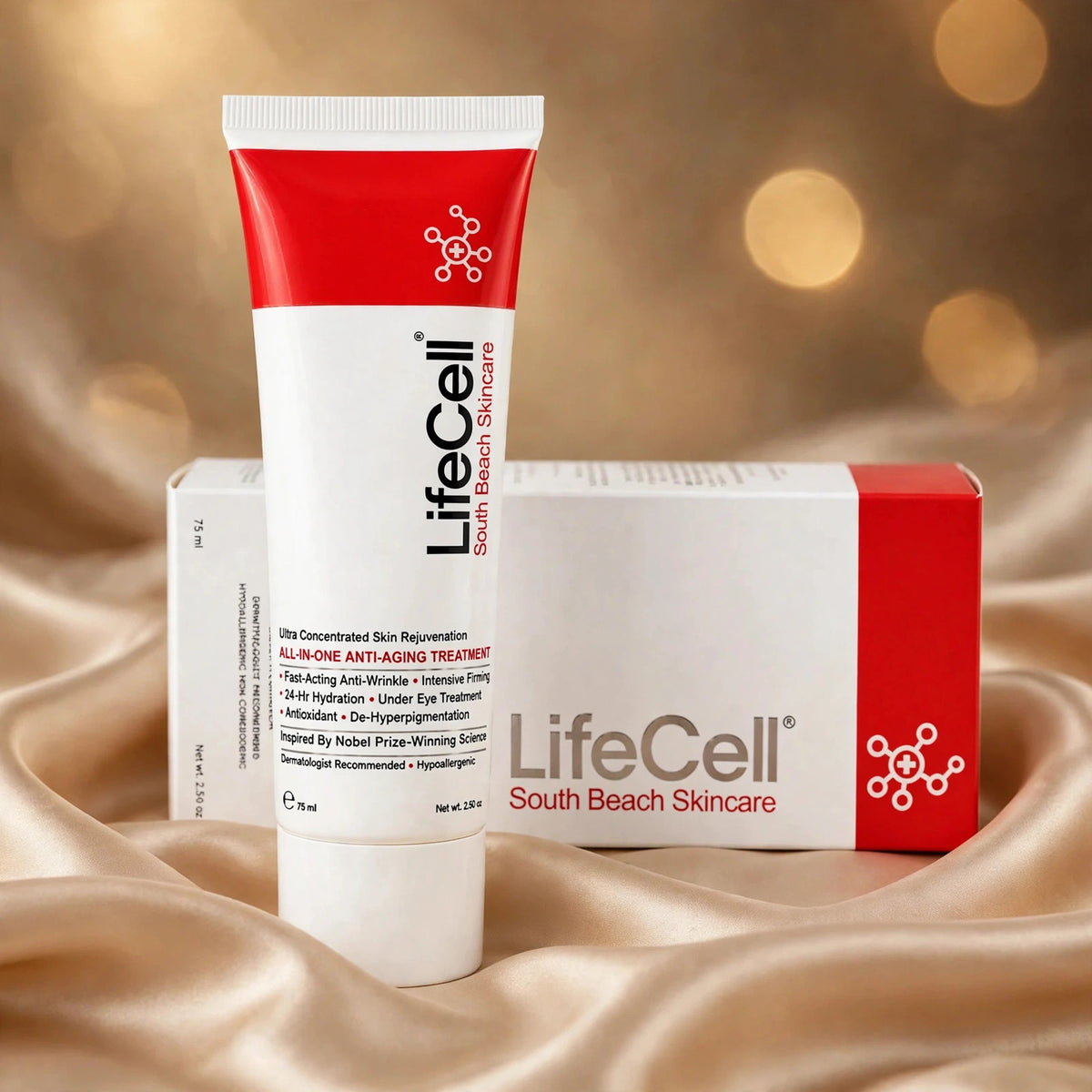 LifeCell All-In-One Anti-Aging Treatment 75ml — product on champagne silk fabric