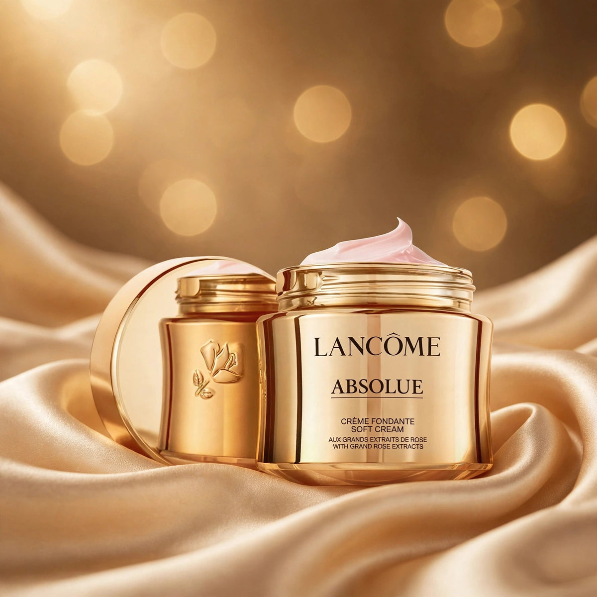 Lancôme Absolue Revitalizing Brightening Soft Cream 2oz — product on champagne silk fabric