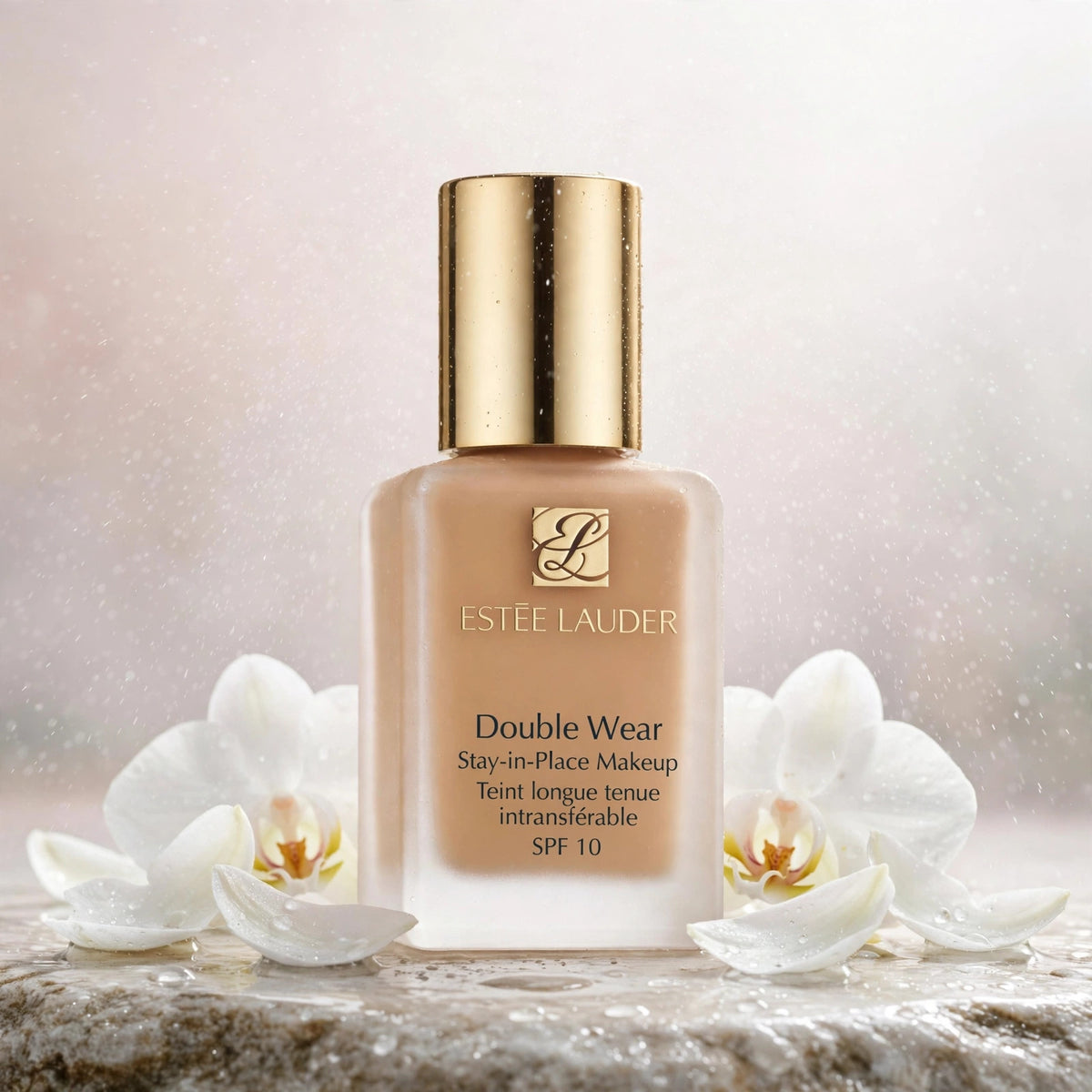 Estée Lauder Double Wear Stay-in-Place Makeup SPF 10 — product with white orchids in spa setting
