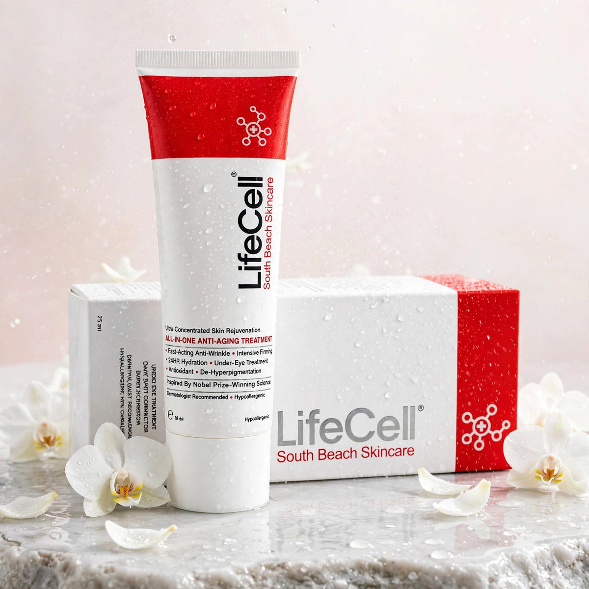 LifeCell All-In-One Anti-Aging Treatment 75ml — product with white orchids in spa setting
