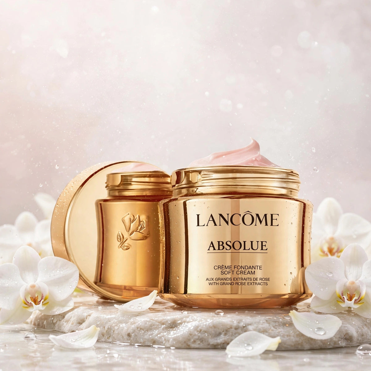 Lancôme Absolue Revitalizing Brightening Soft Cream 2oz — product with white orchids in spa setting