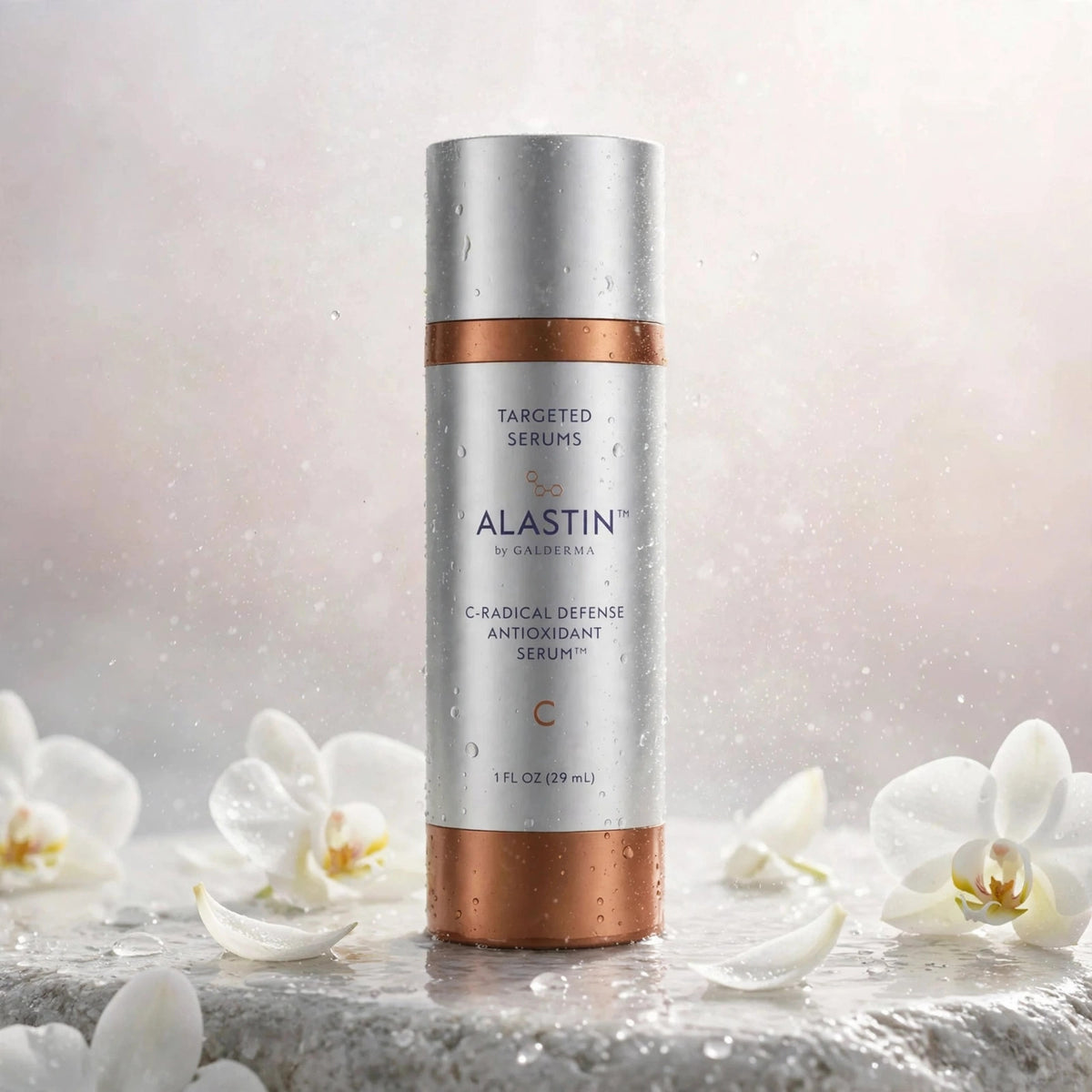 Alastin C-Radical Defense Antioxidant Serum 29.6ml — product with white orchids in spa setting