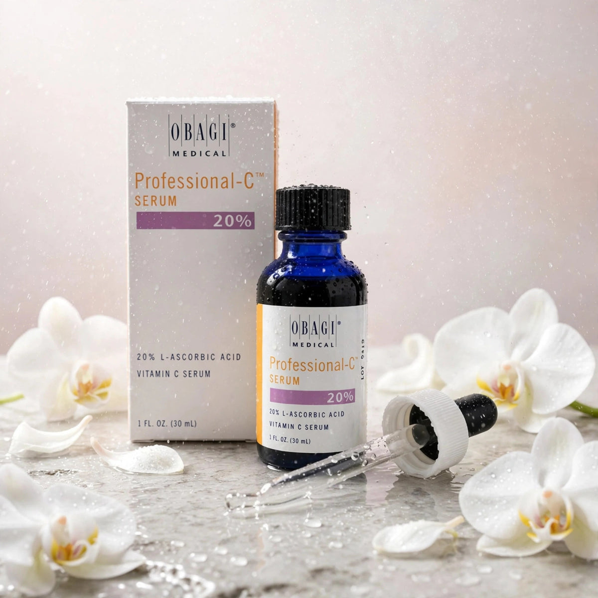 Obagi Professional-C Serum 20% 30ml spa scene with orchids