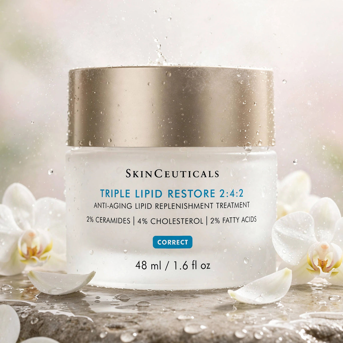 SkinCeuticals Triple Lipid Restore 2:4:2 48ml — product with white orchids in spa setting