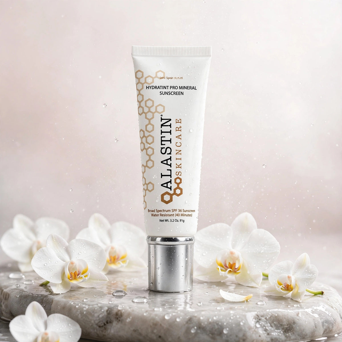 Alastin HydraTint Pro Mineral Sunscreen SPF 36 on wet white stone with white orchid petals