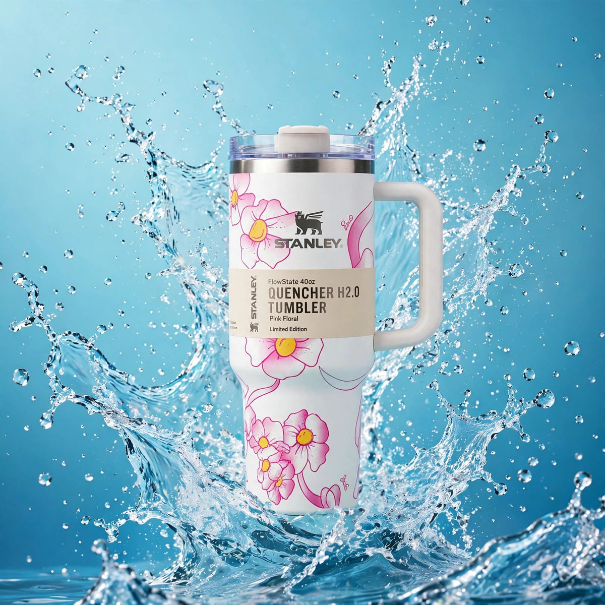 Stanley Quencher H2.0 FlowState 40oz Tumbler, Pink Floral Limited Edition - splash