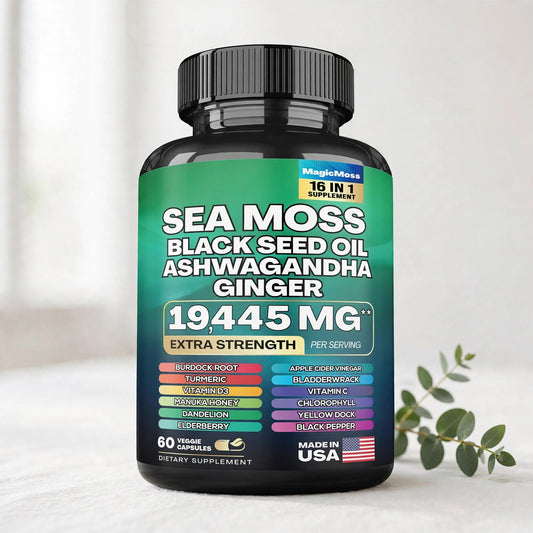 Sea Moss, Black Seed Oil, Ashwagandha, Turmeric & Ginger 16-in-1 Multivitamin 60 Capsules - studio