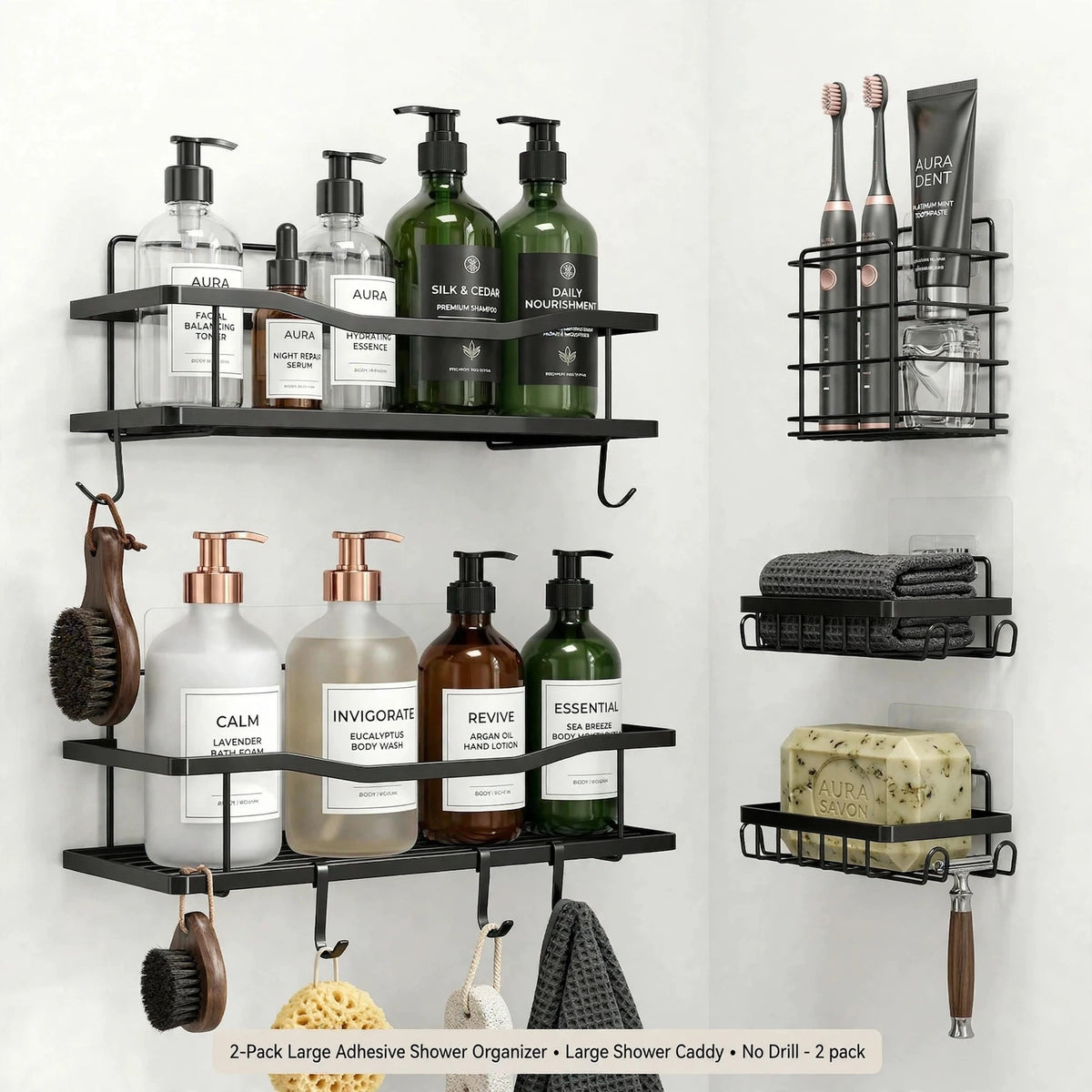 2-Pack Large Adhesive Shower Organizer, Large Shower Caddy, No Drill - - studio