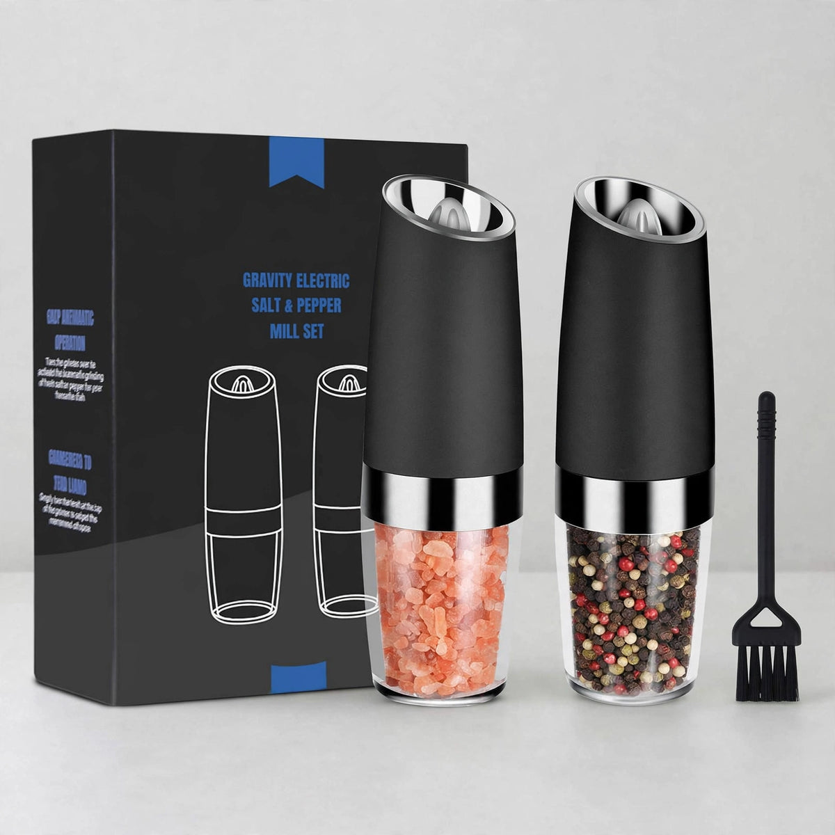 JIASLING Gravity Electric Salt & Pepper Mill Set, Metal Acrylic, Black - studio