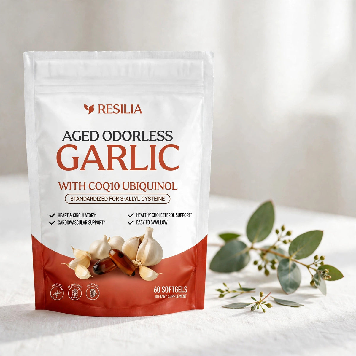 Resilia Aged Odorless Garlic with CoQ10, 60 Softgels - studio