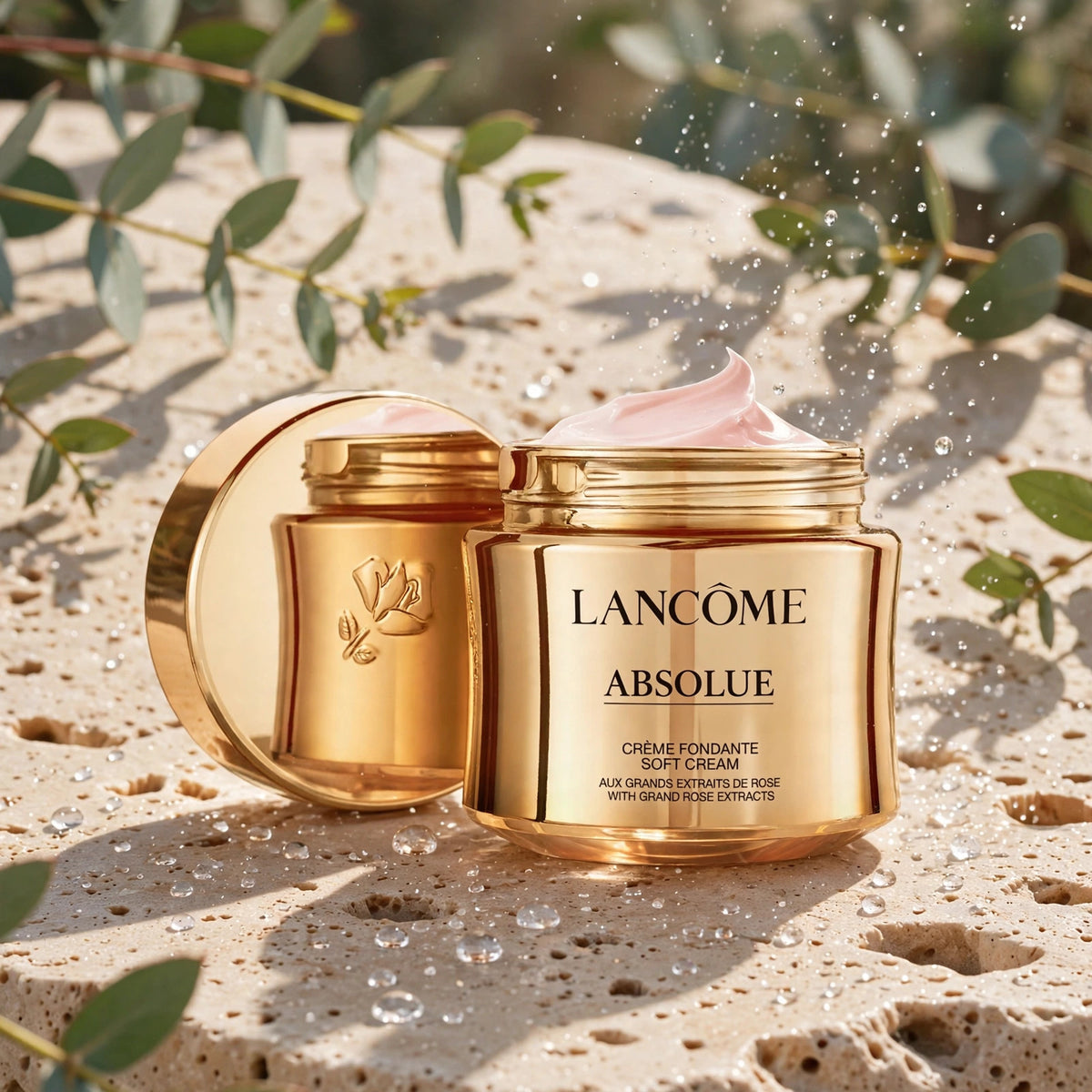 Lancôme Absolue Revitalizing Brightening Soft Cream 2oz — product on travertine stone with eucalyptus