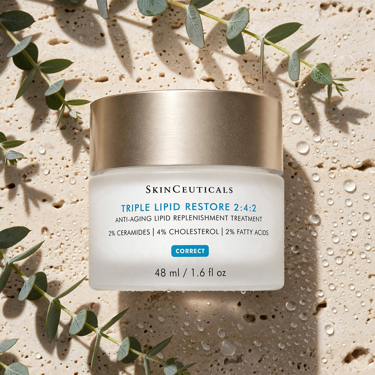 SkinCeuticals Triple Lipid Restore 2:4:2 48ml — product on travertine stone with eucalyptus