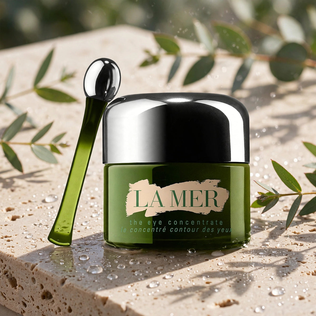 La Mer The Eye Concentrate 15ml — product on travertine stone with eucalyptus