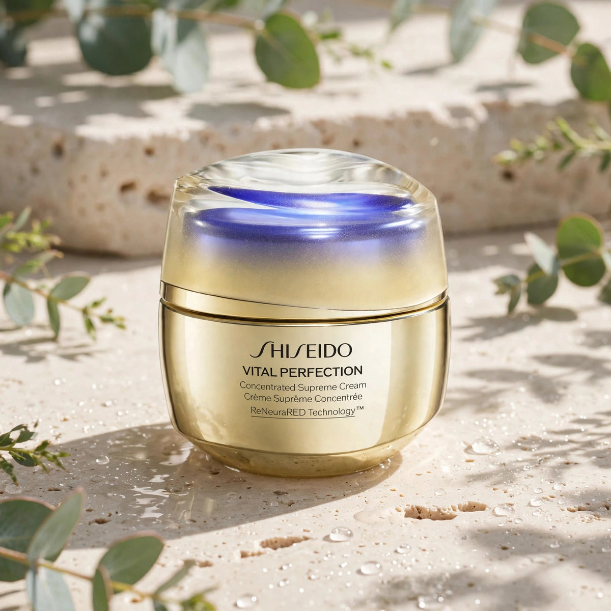 Shiseido Vital Perfection Concentrated Supreme Cream 50ml on travertine stone with eucalyptus