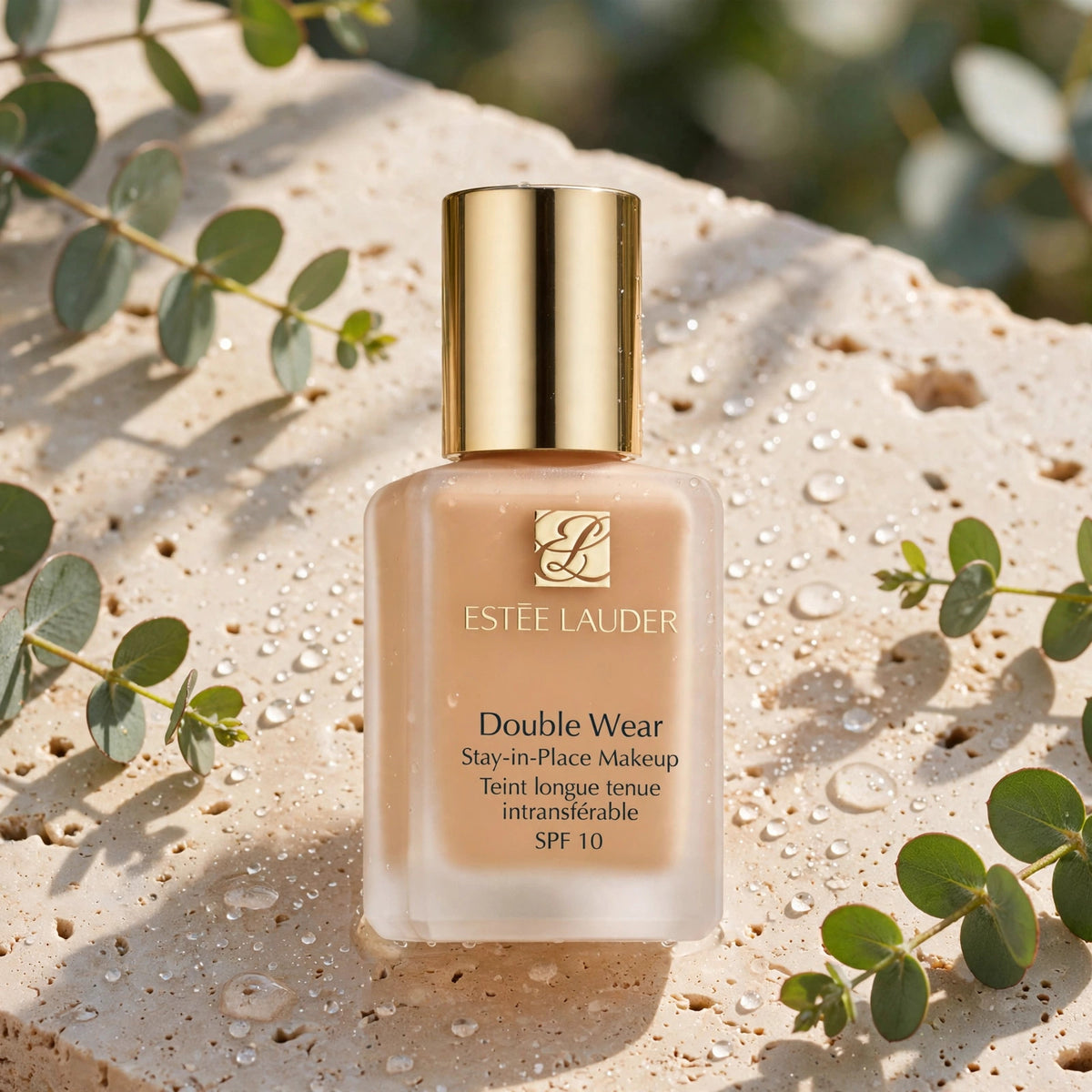 Estée Lauder Double Wear Stay-in-Place Makeup SPF 10 — product on travertine stone with eucalyptus