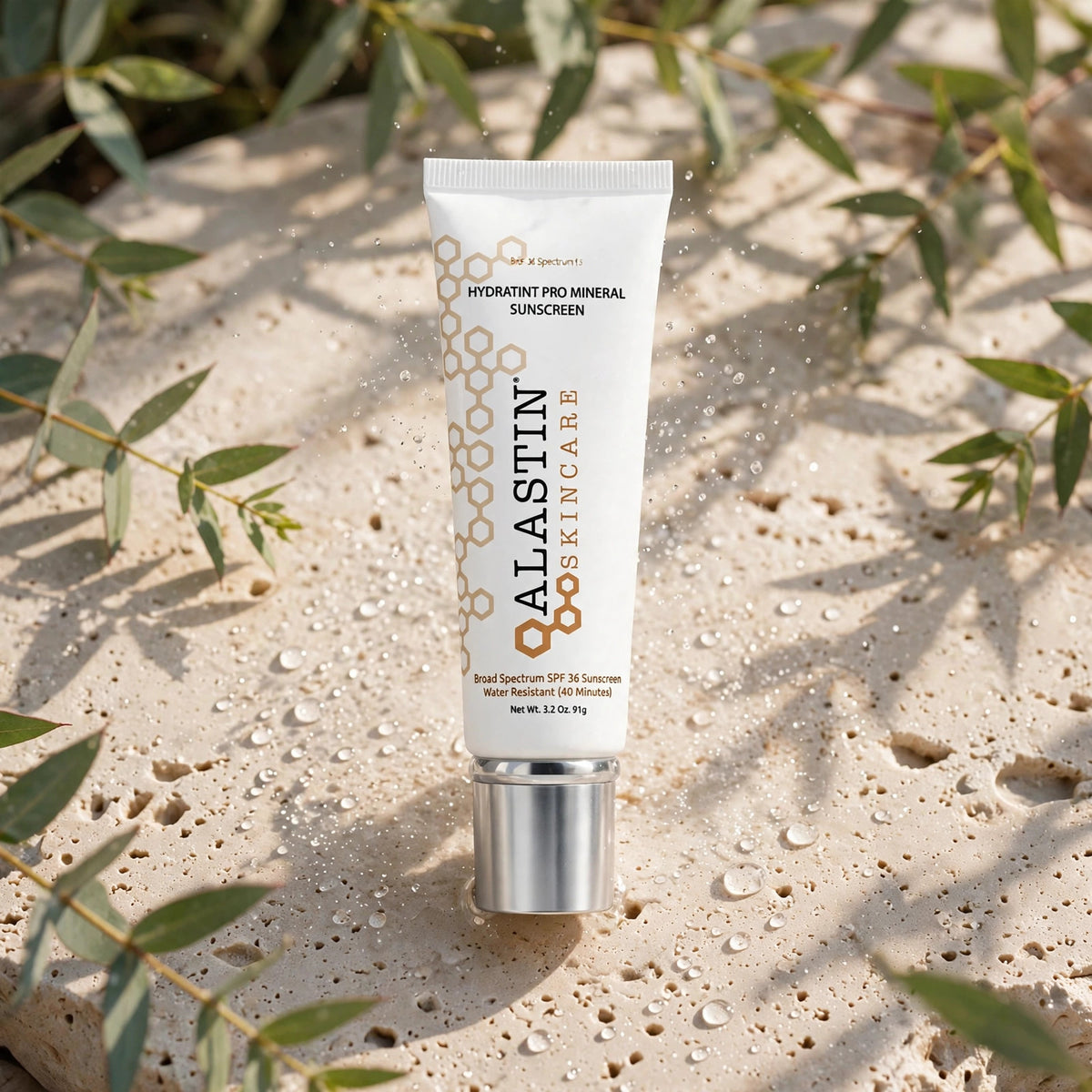 Alastin HydraTint Pro Mineral Sunscreen SPF 36 on sunlit travertine stone with eucalyptus leaves