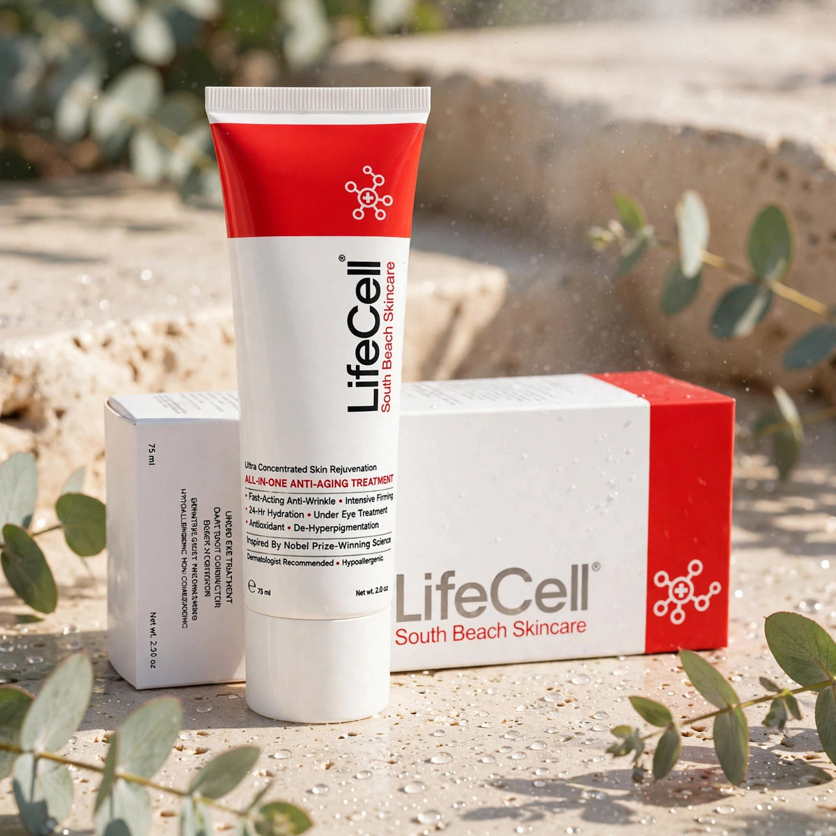 LifeCell All-In-One Anti-Aging Treatment 75ml — product on travertine stone with eucalyptus
