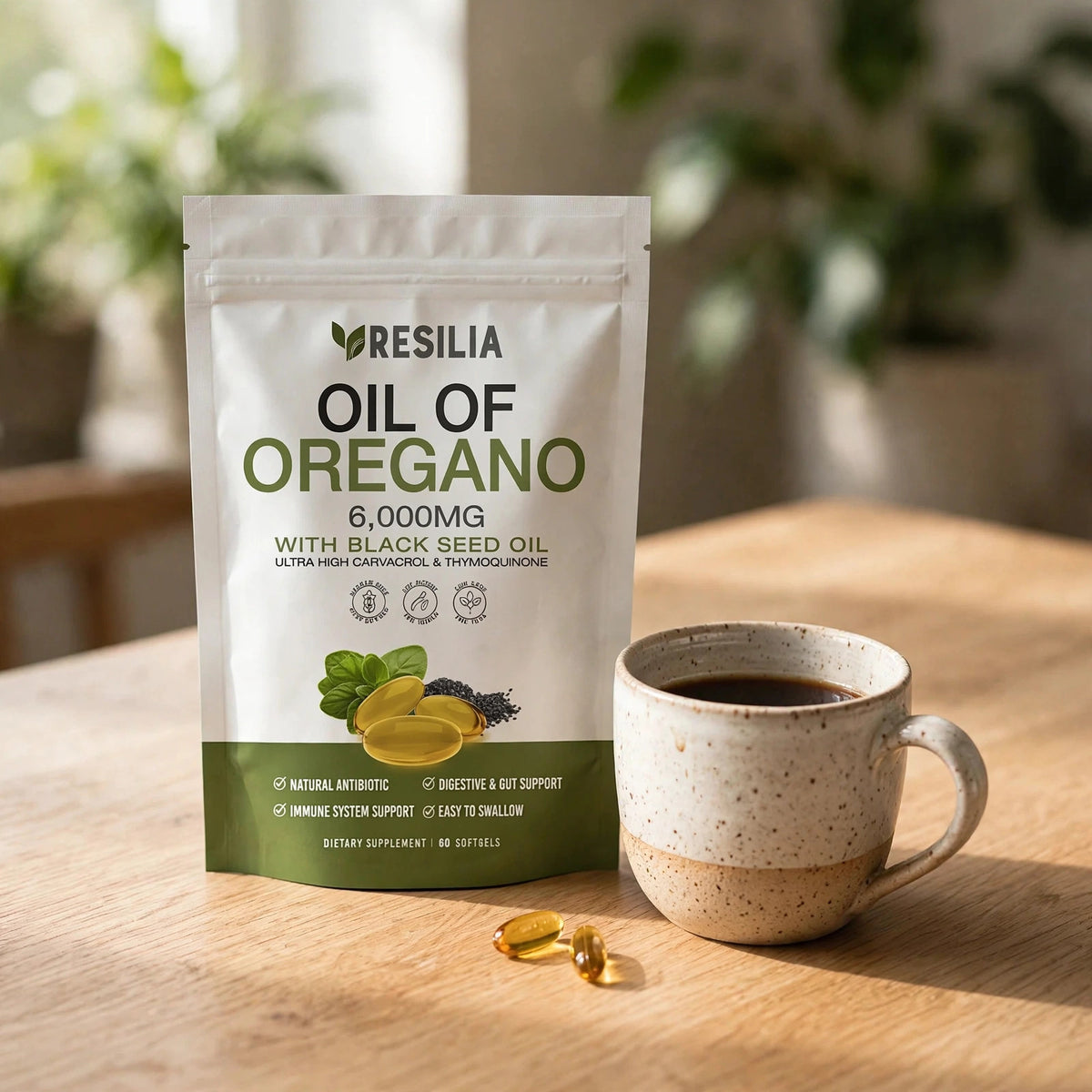 Resilia Oil of Oregano with Black Seed Oil, 60 Softgels - wood