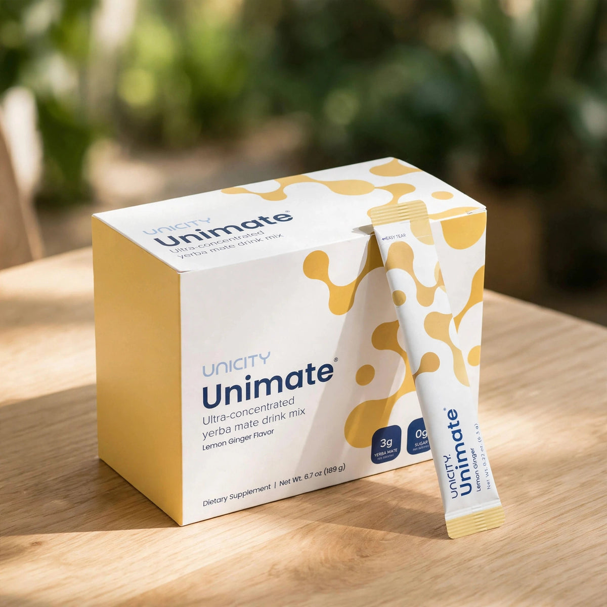 Unicity Unimate Lemon Ginger flavor 30 Stick Packs - wood