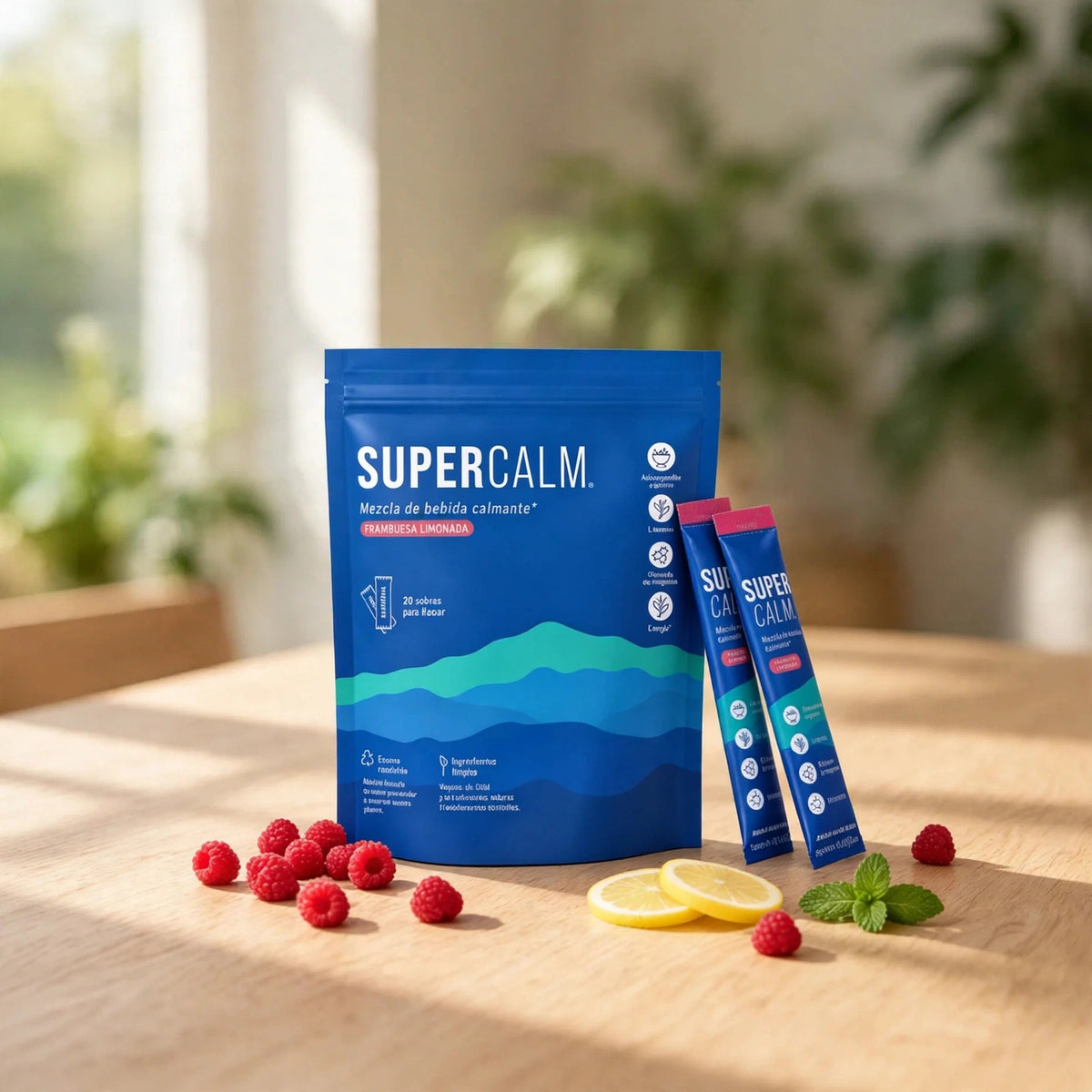 Supercalm Drink Mix - Raspberry Lemonade - Relaxation, Focus, No Sugar - wood